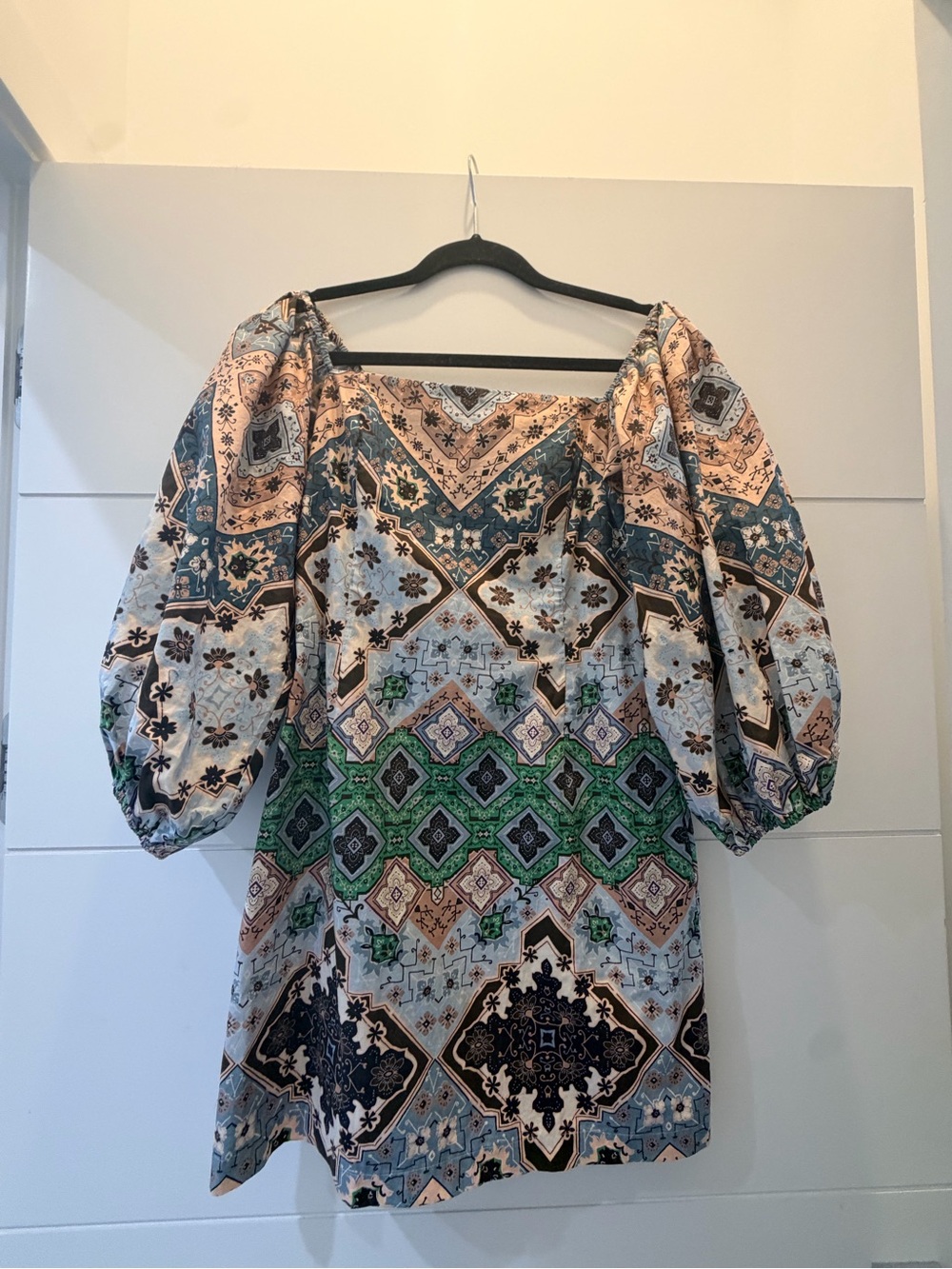 Boho Patchwork Print Puff Sleeve Dress - Blue, Green, Peach